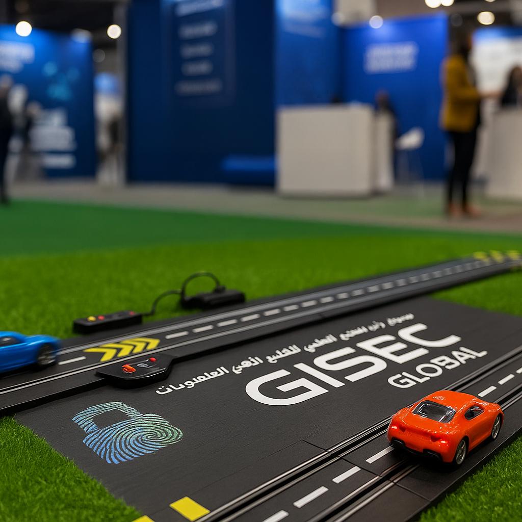 Guest wearing brainwave headband racing a slot car using mind control at a Dubai tech event. Interactive, hands-free game rental for events and exhibitions